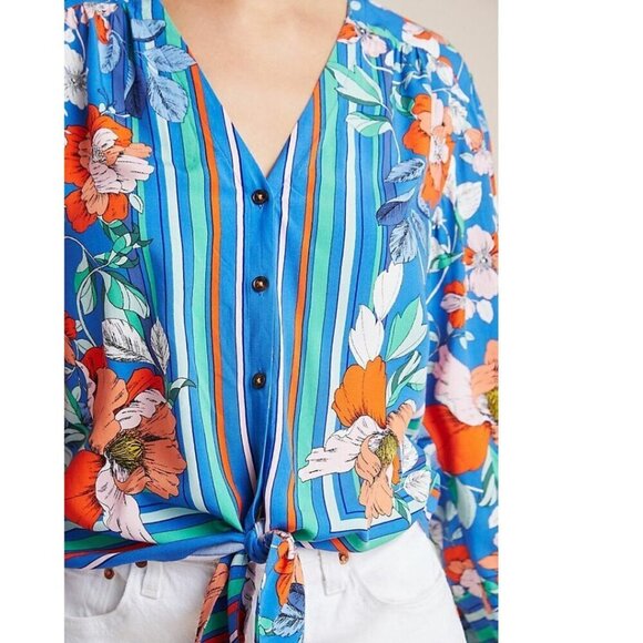 Anthropologie Top Womens 12 Blue V-Neck Tie Front Long Sleeve Floral Blouse - Picture 3 of 6
